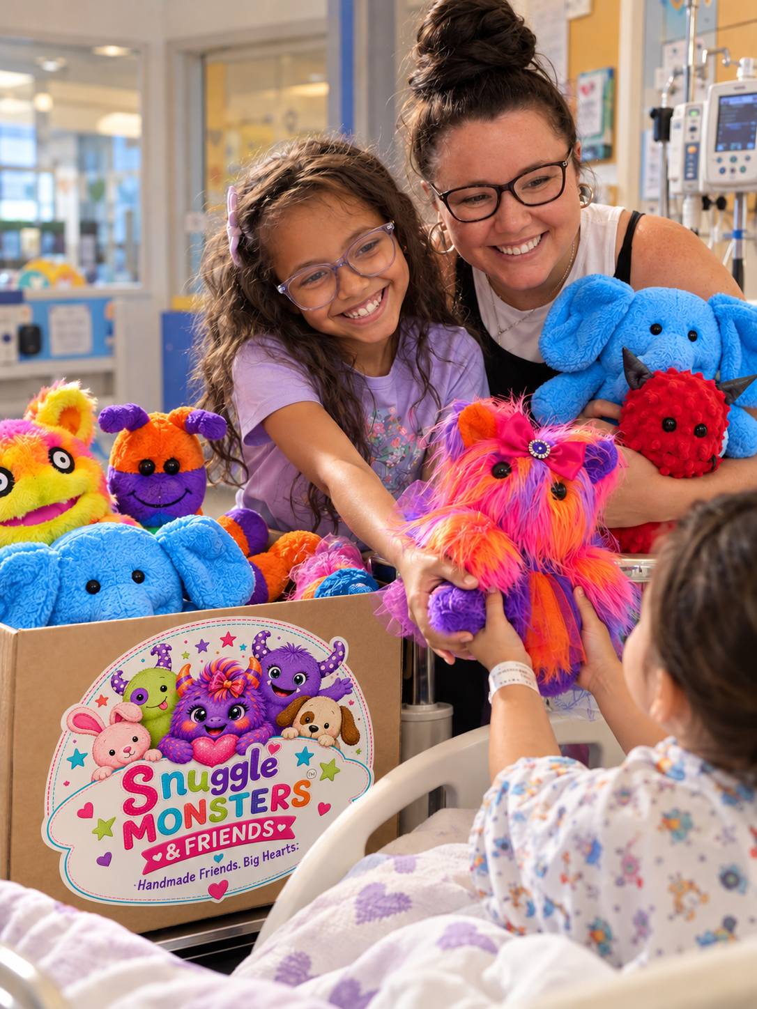 A child receiving a stuffed friend and smiling