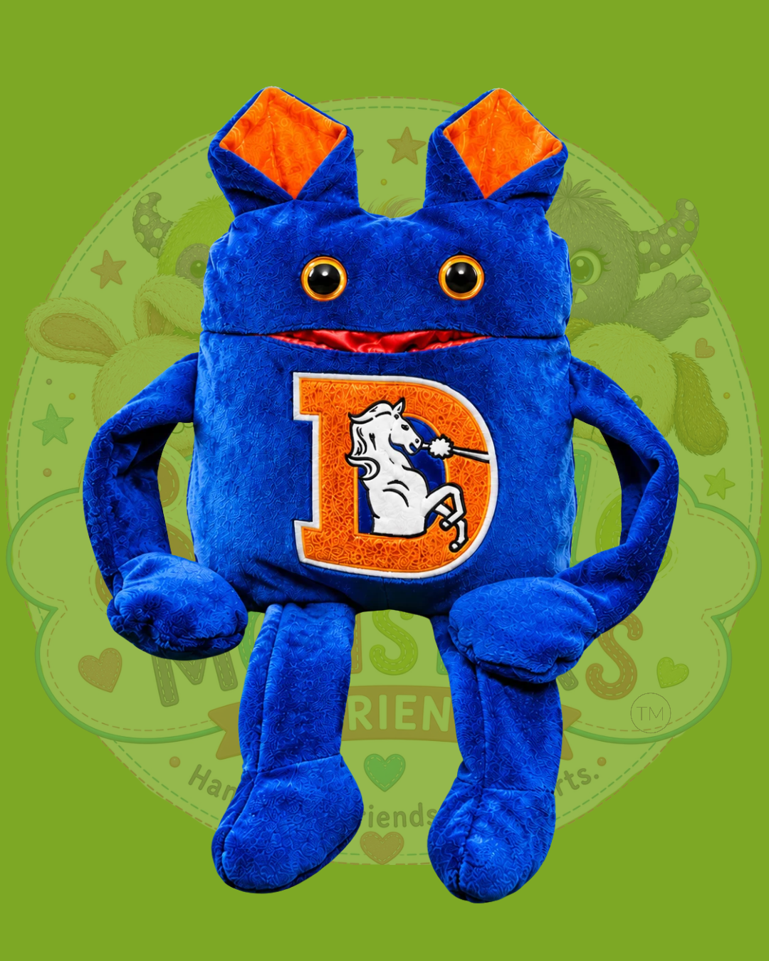 Duke customized with a Denver Broncos patch on his belly