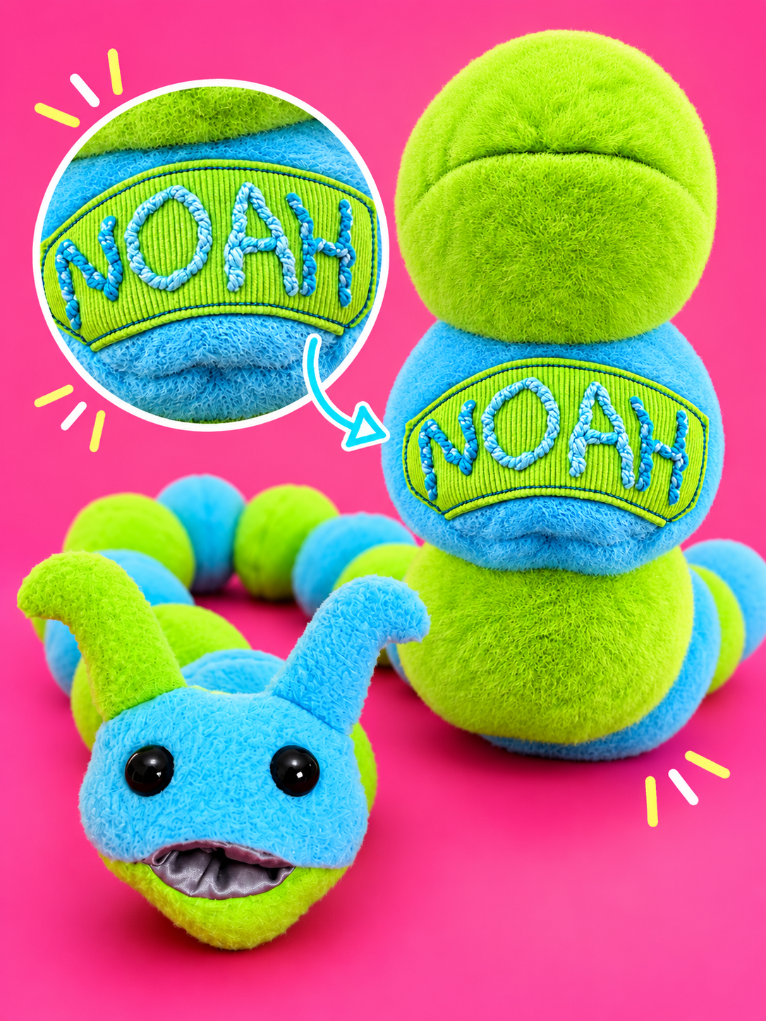 Noah caterpillar customized with a name patch sewn right on